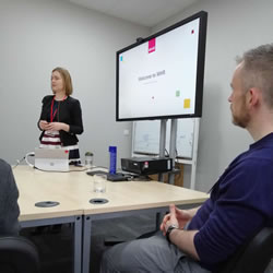 A picture of the opening slides for the MHR company visit