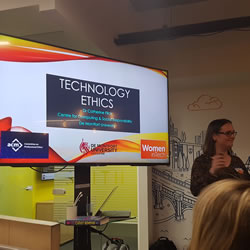 Catherine Flick delivering her lecture on ethics in computing at the Women in Tech event.